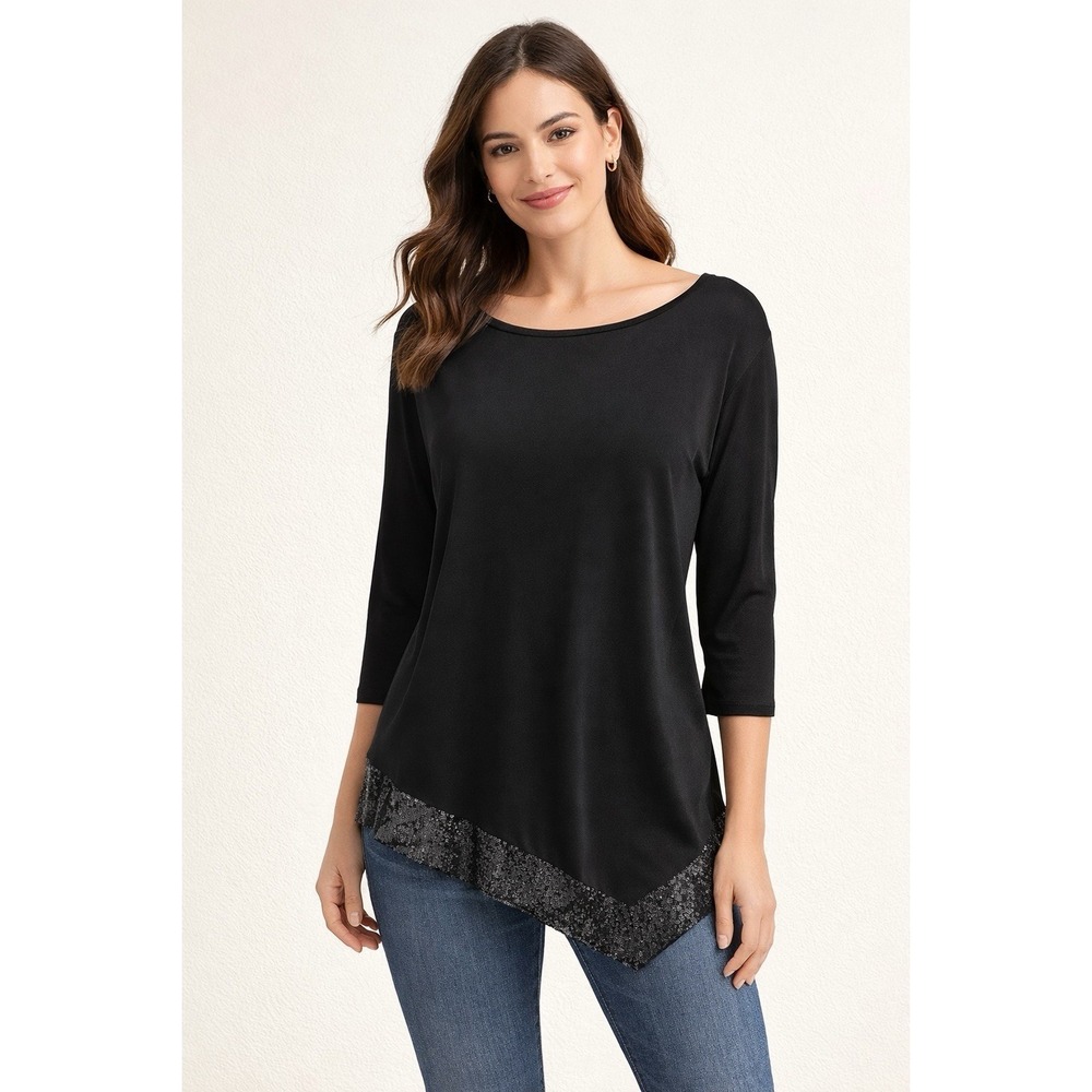Onyx Nite Top Womens Medium Black Sequins Long Sleeve Shirt NWT